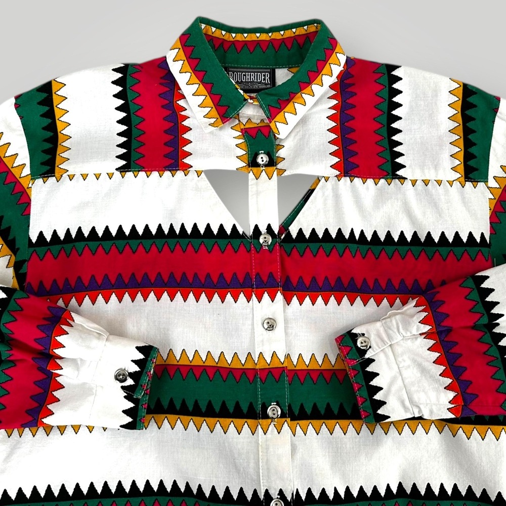 Vintage Roughrider Shirt Womensβ Small White Aztec Western Cotton Made USA 90s